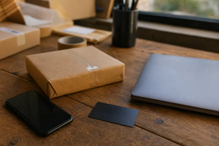 Smartphone mit dem Bildschirm nach unten, Bankkarte und verpackte Bestellung auf dem Tisch eines kleinen Onlineshops