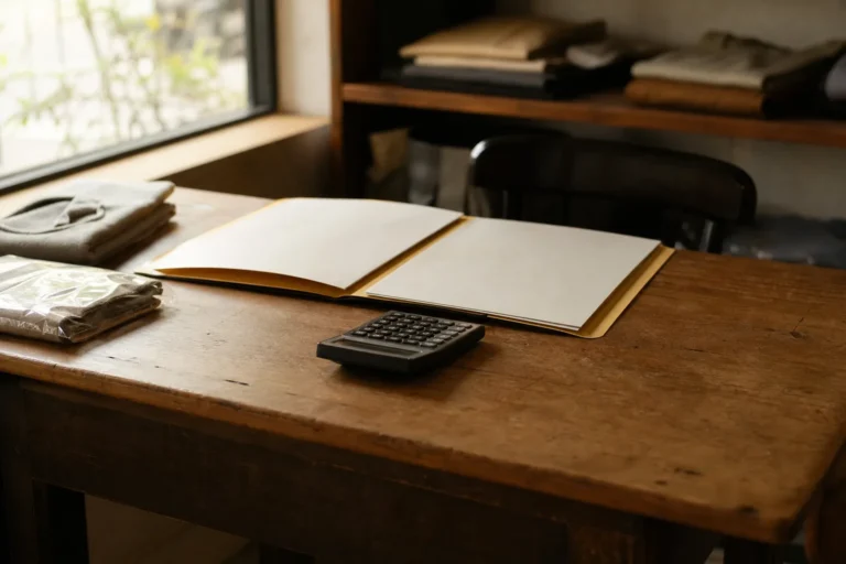 Taschenrechner, Produktmuster und Angebotsmappen auf dem Schreibtisch eines Ladenbesitzers